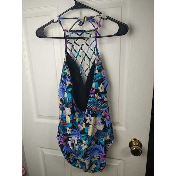 Tahiti Woman's L One Piece Swimwear V Cross Cross Halter Floral Tropical Beachy - Picture 9 of 9